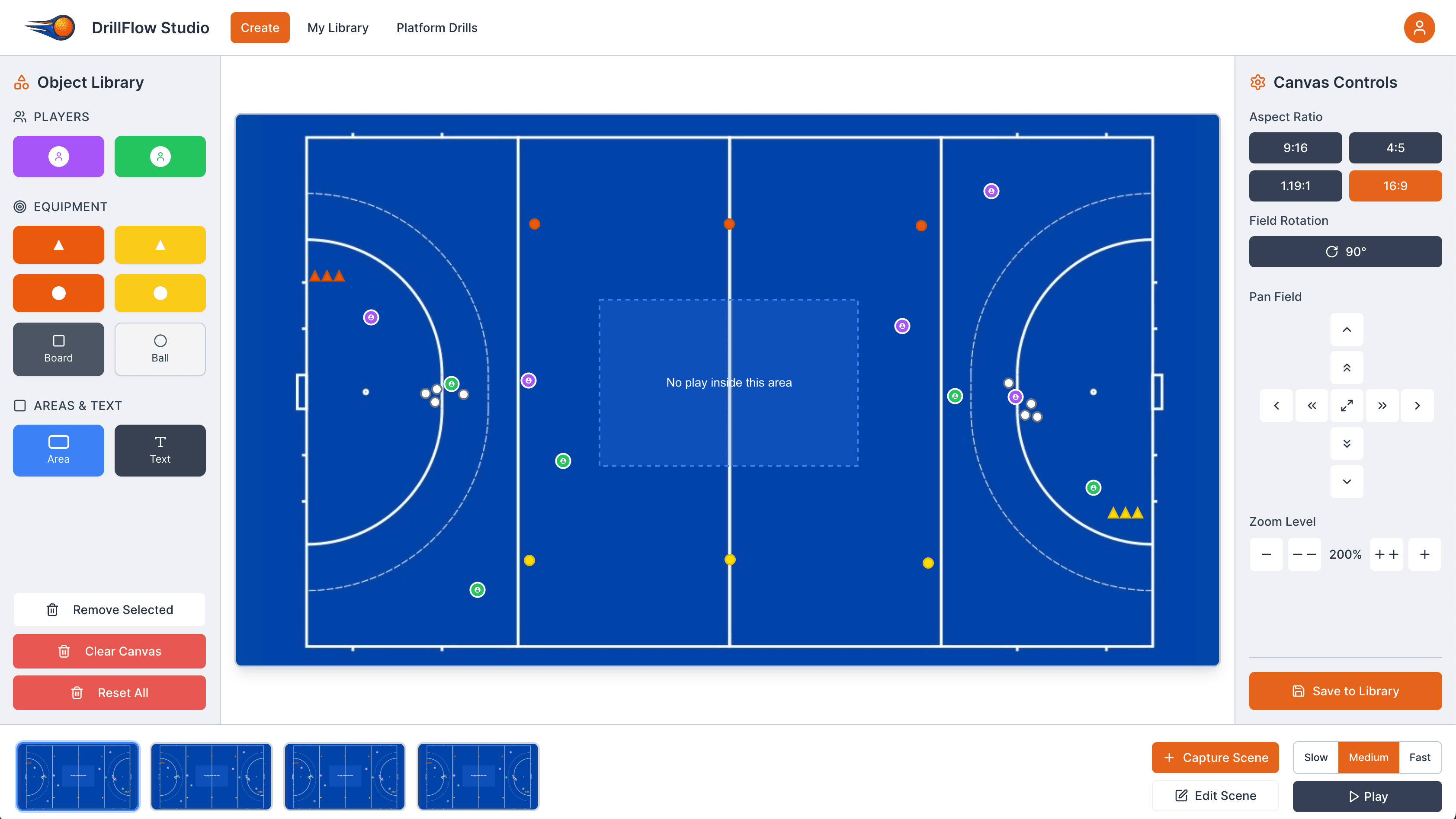 DrillFlow Studio visual builder showing an animated field hockey drill across a full pitch.