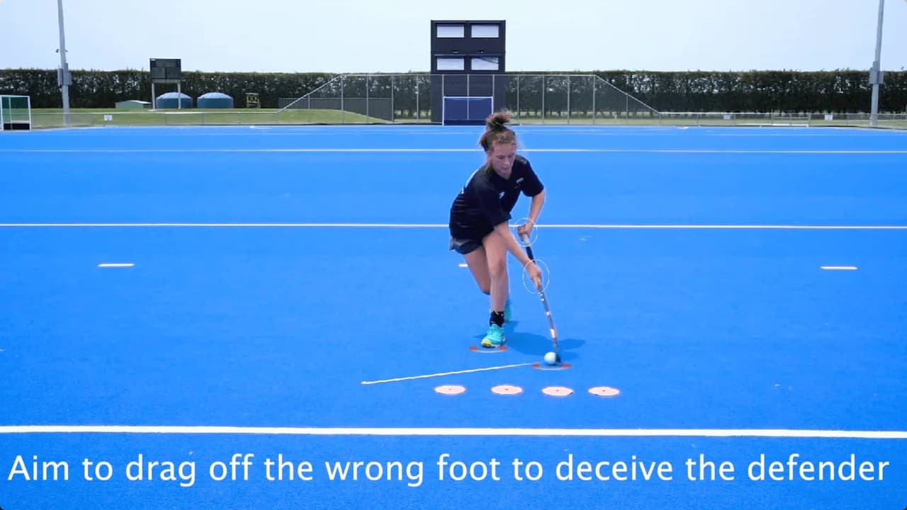 Video preview for the Inside Hockey skill Moving Opposite Footdrags - Backhand.