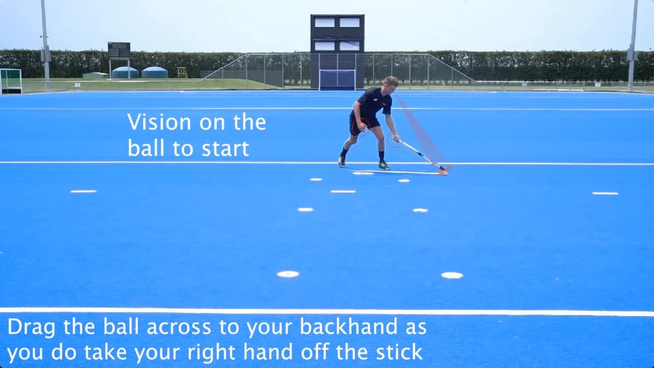 Video preview for the Inside Hockey skill Open Dribble - Single Hand - Backhand.