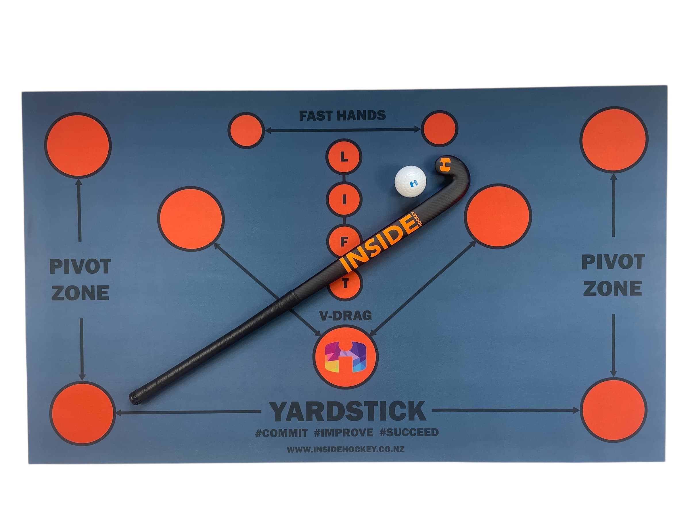 Inside Hockey Skills Mat with an orange-branded hockey stick and ball.