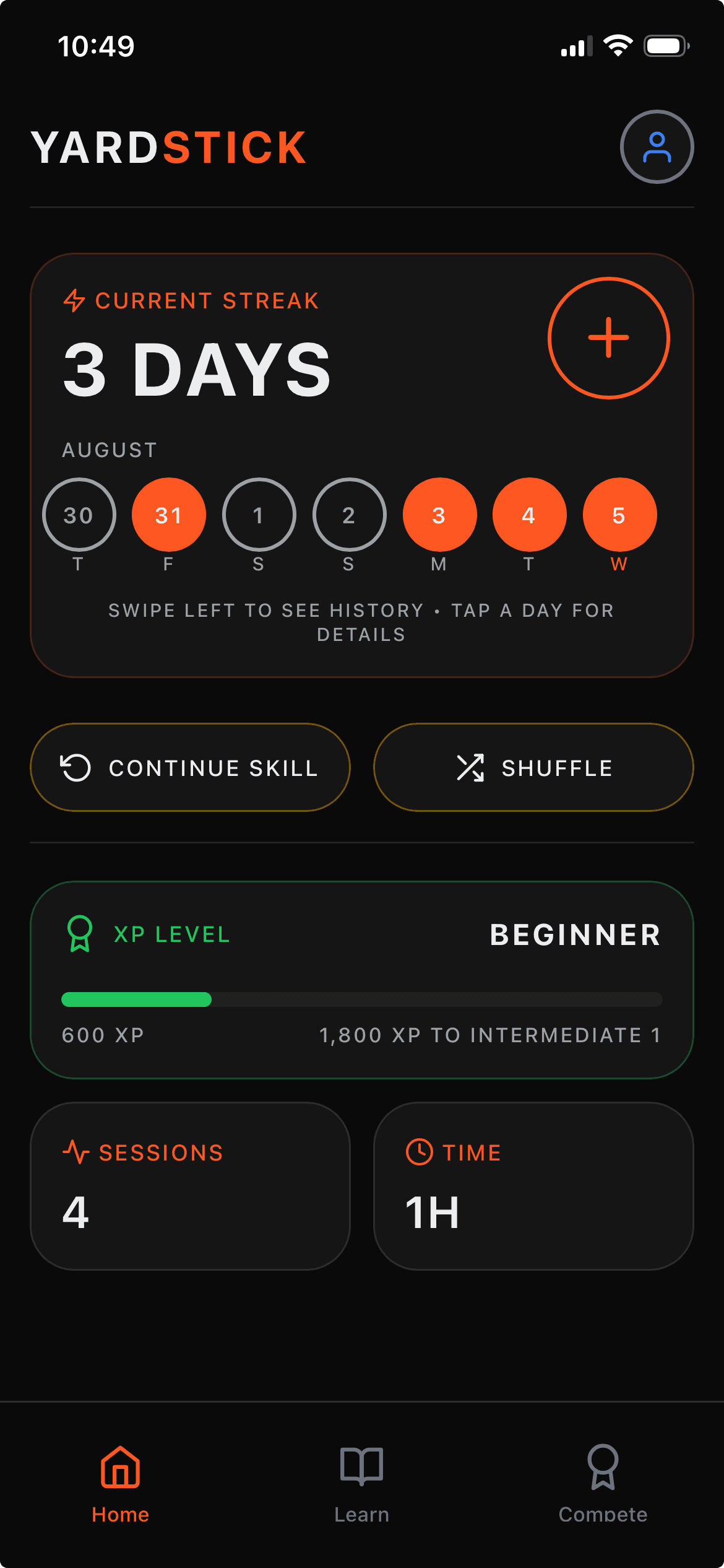 Yardstick app home screen showing training progress and session controls.